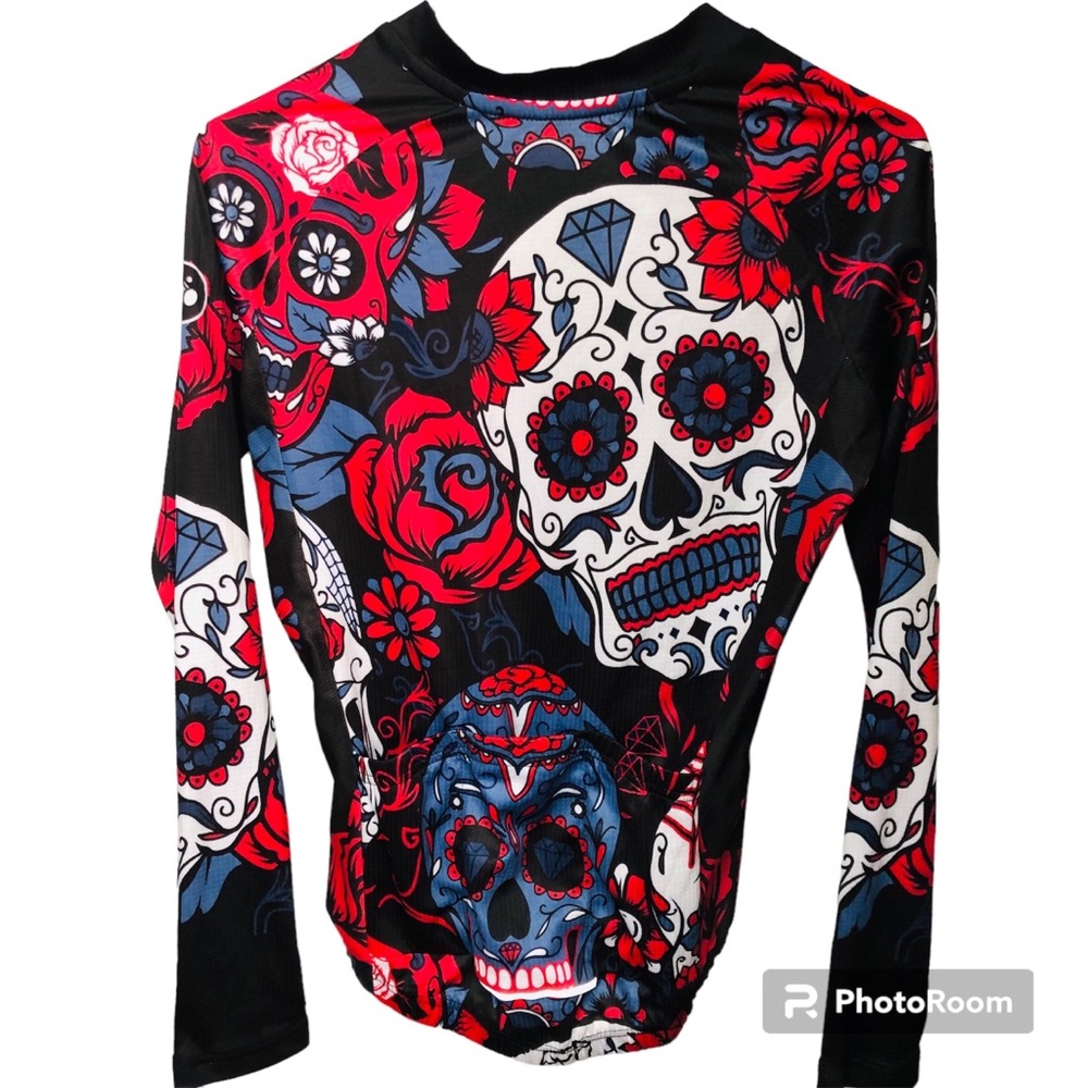 Skeleton Day of the Dead Abstract Long Sleeve Biking Shirt EUC Small